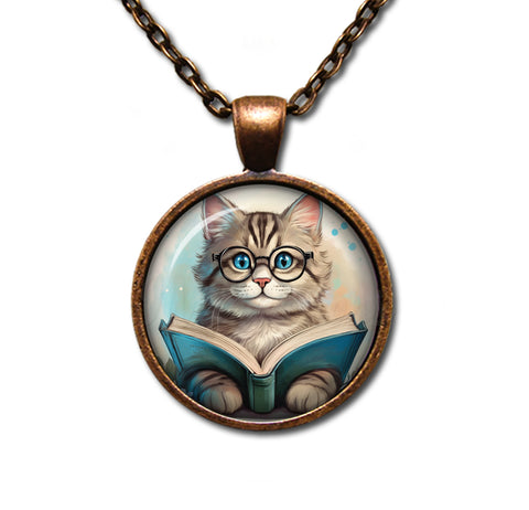 Tabby Cat with Book and Glasses