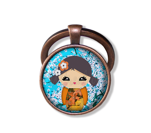 Kokeshi Doll Cherry Blossoms Blue Brown