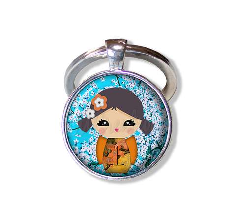 Kokeshi Doll Cherry Blossoms Blue Brown