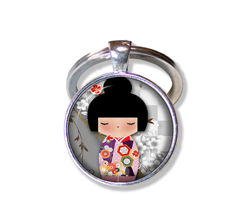 Kokeshi Doll Cherry Blossoms Gray Pink