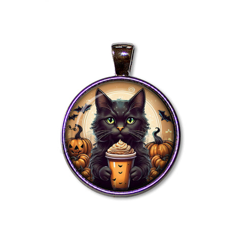 Cute Black Kittten with Pumpkin Latte