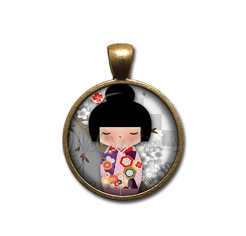 Kokeshi Doll Cherry Blossoms Gray Pink