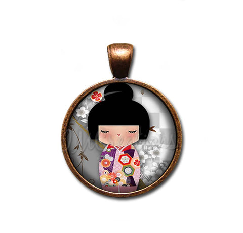 Kokeshi Doll Cherry Blossoms Gray Pink