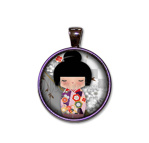 Kokeshi Doll Cherry Blossoms Gray Pink