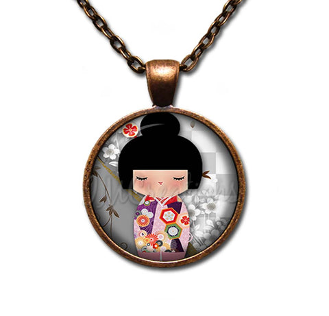 Kokeshi Doll Cherry Blossoms Gray Pink