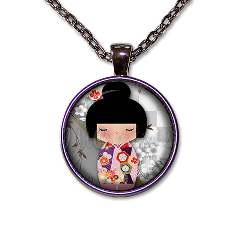 Kokeshi Doll Cherry Blossoms Gray Pink