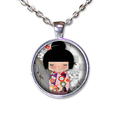 Kokeshi Doll Cherry Blossoms Gray Pink