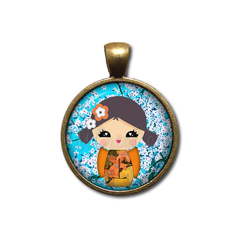 Kokeshi Doll Cherry Blossoms Blue Brown