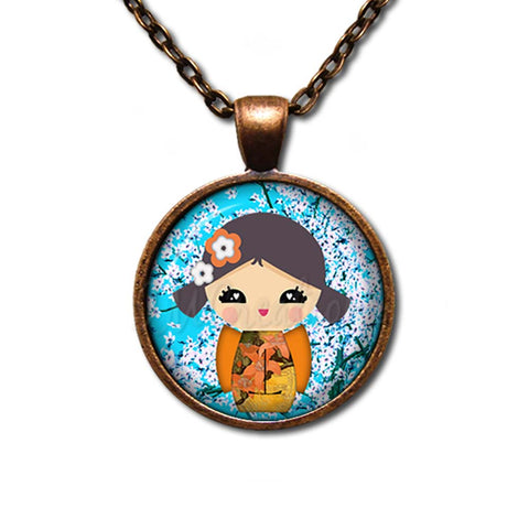 Kokeshi Doll Cherry Blossoms Blue Brown