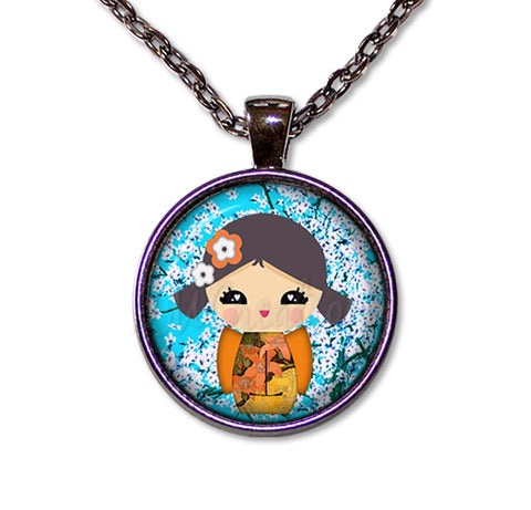 Kokeshi Doll Cherry Blossoms Blue Brown