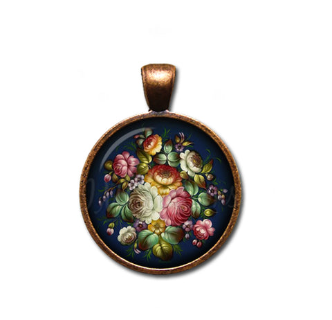 Zhostovo painting Flower in Navy Blue