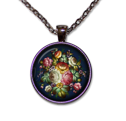 Zhostovo painting Flower in Navy Blue