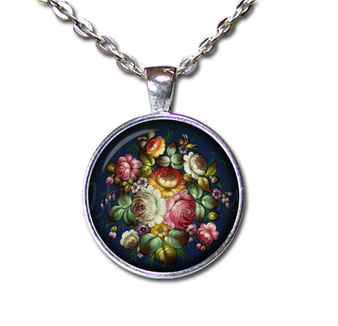 Zhostovo painting Flower in Navy Blue