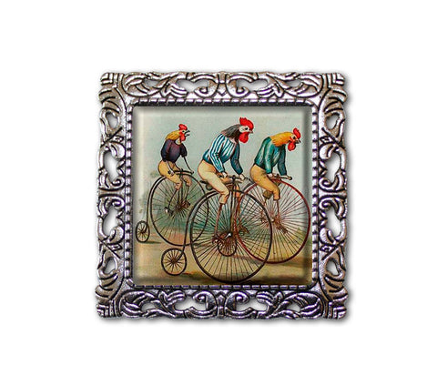 Vintage Art Style Cyclist Roosters
