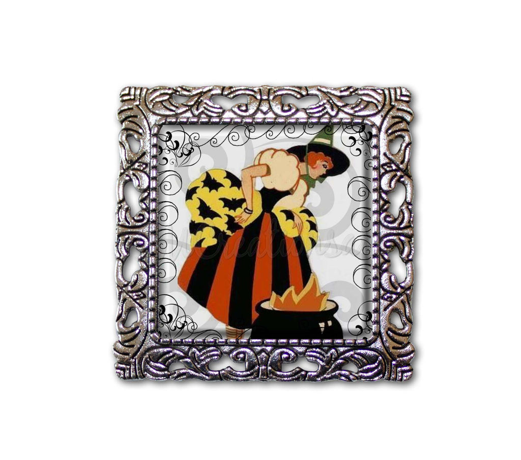 Retro Halloween Art Deco Witch with Cauldron